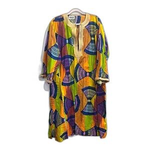 Orange Green Kaftan OS African Pullover Embroidered Kimono Long Sleeve Tribal